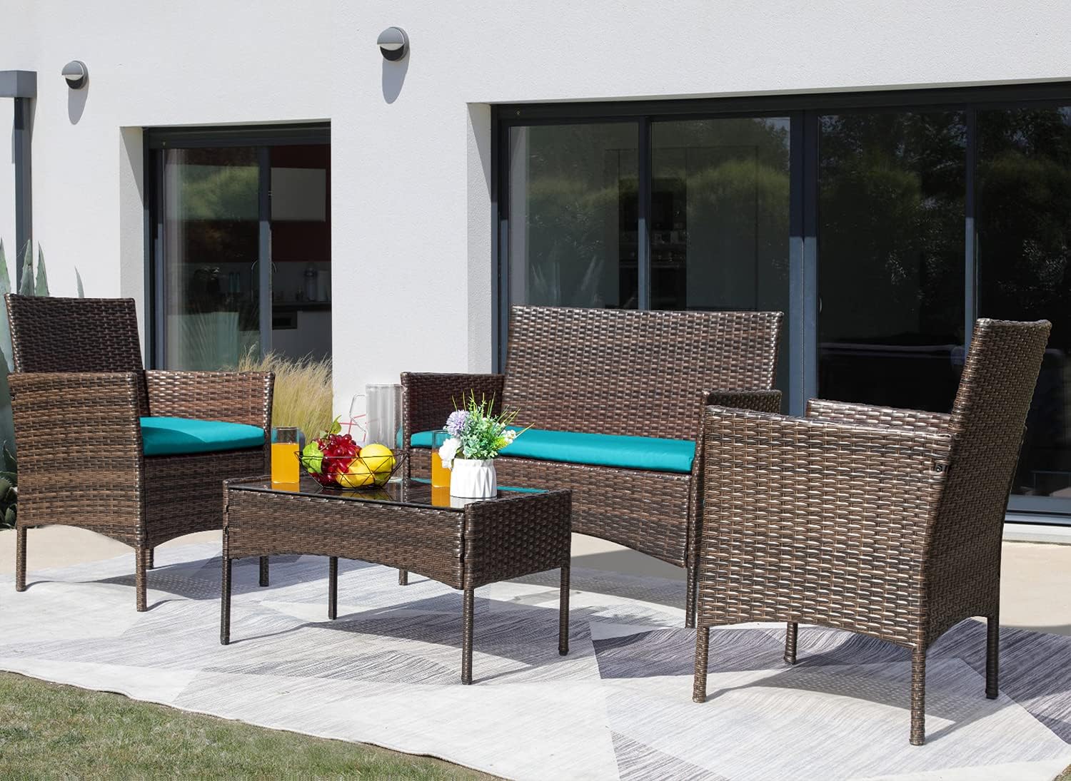 Greesum Patio Furniture 4 Pieces Conversation Sets Outdoor Wicker Rattan Chairs Garden Backyard Balcony Porch Poolside loveseat with Soft Cushion and Glass Table, Brown and Blue