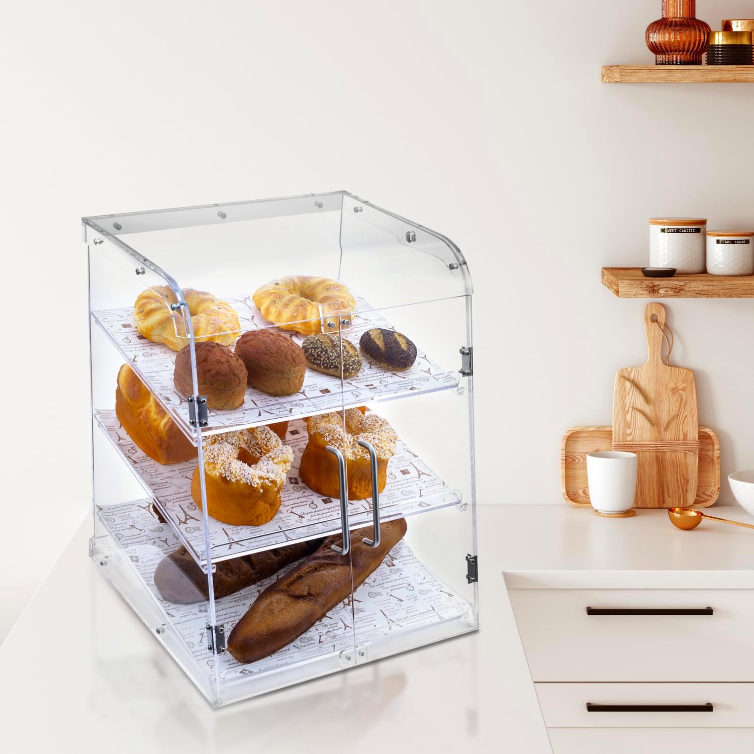 Pastry Display Case,Cookie Display, Professional-Grade Retail Bakery Display Case,3 Tier Premium Clear Acrylic Bread Box,with Removable Trays and Magnetic Rear Doors for Home or Commercial Use