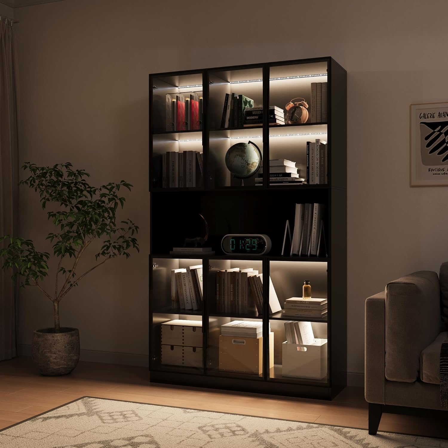 Bobve 78.7' H Display Cabinet with 6 Glass Doors and APP Control LED Lights,Storage Cabinets Modern Bookcase with Hutch for Collectible,Display Case Trophy Case,Black