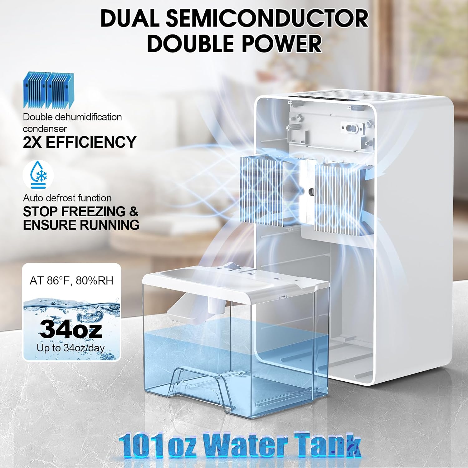 Dehumidifiers for Home, 101OZ Dehumidifier (800 sq.ft), Upgraded Dehumidifier for Basement, Bedroom, Bathroom, RV, Closet with Auto-off, Sleep Mode, 7 Colorful Nightlight, Quiet Small Portable - White