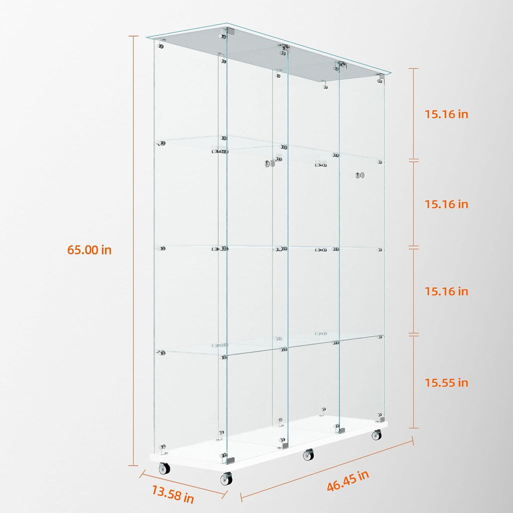 Glass Display Cabinet with 4 Shelves Extra Large,LED Lights and Wheels, Rolling 2 Doors Glass Top Curio Cabinet with Lock 64.88' High Led Curio Display Cabinet Showcase for Living Room,Bedroom,White