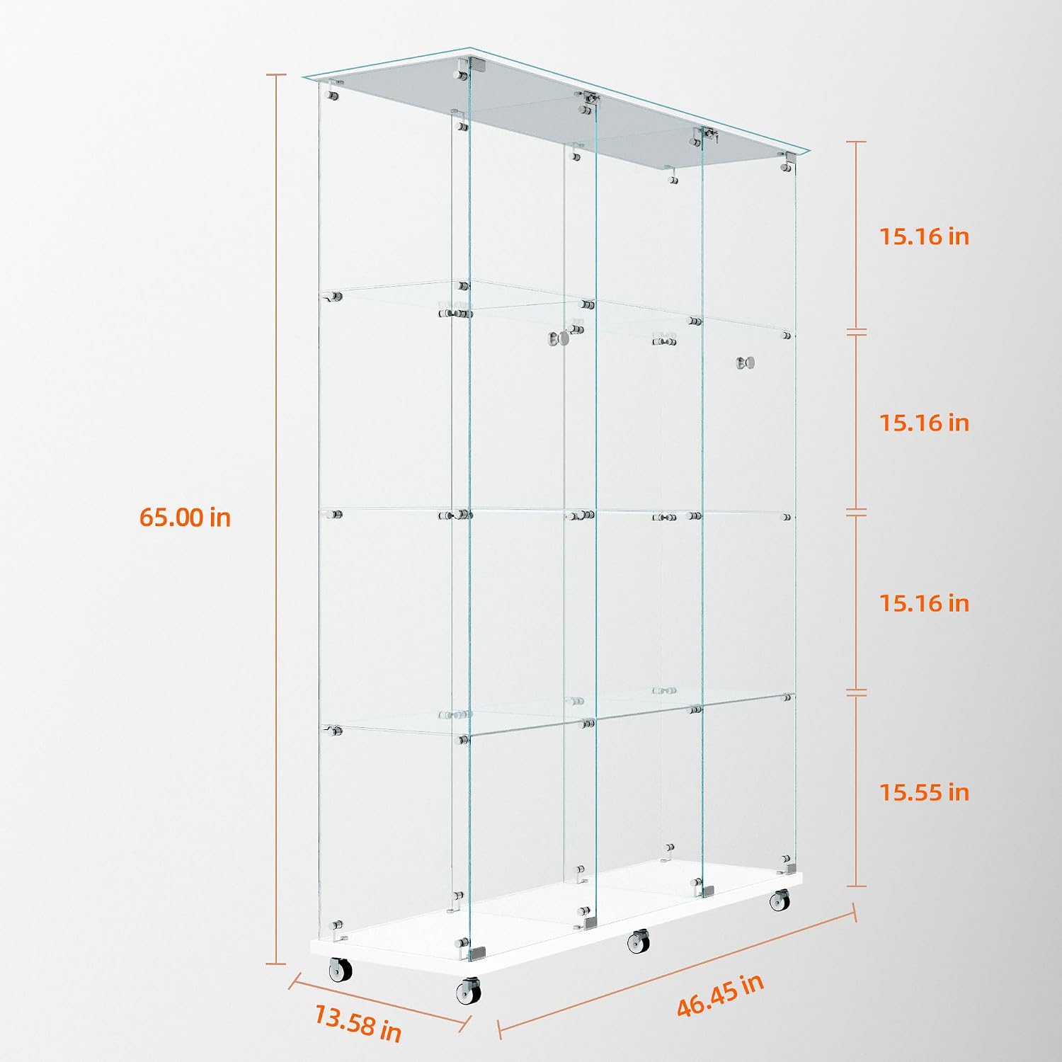 Glass Display Cabinet with 4 Shelves Extra Large,LED Lights and Wheels, Rolling 2 Doors Glass Top Curio Cabinet with Lock 64.88' High Led Curio Display Cabinet Showcase for Living Room,Bedroom,White