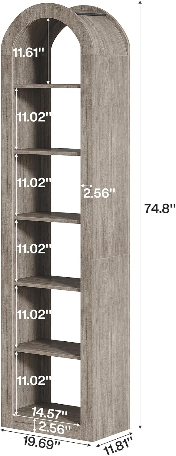 Tribesigns 74.8' Tall Arched Bookshelf, 6-Tier Narrow Open Bookcase, Floor Standing Corner Display Shelves Storage Organizer for Small Space, Home Office, Living Room (Grey, 1 PC)