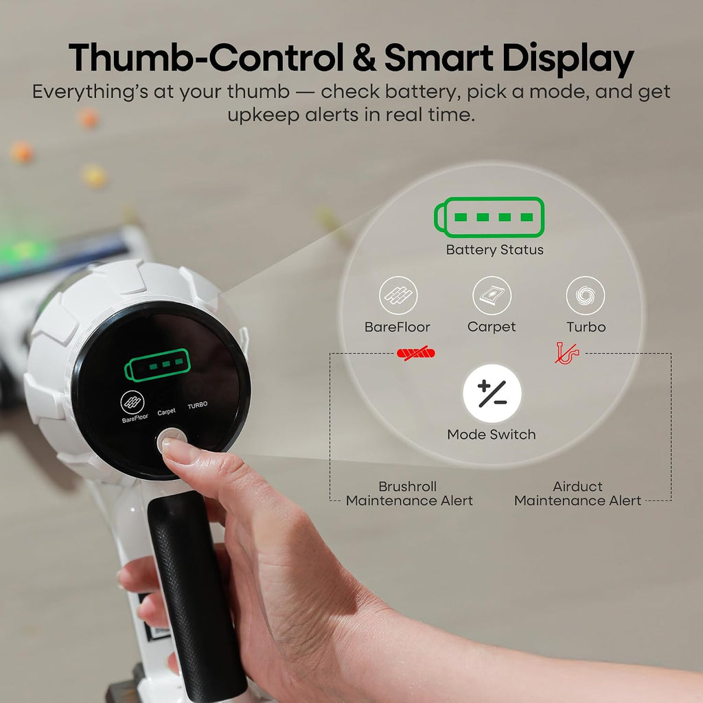ElecKeys Cordless Vacuum Cleaner, 580W 48KPA 65Mins Vacuum Cleaners for Home, Self-Standing Anti-Tangle Vacuum with LED Display, Rechargeable, Lightweight, Cordless Vacuum for Floors/Pet Hair/Carpets