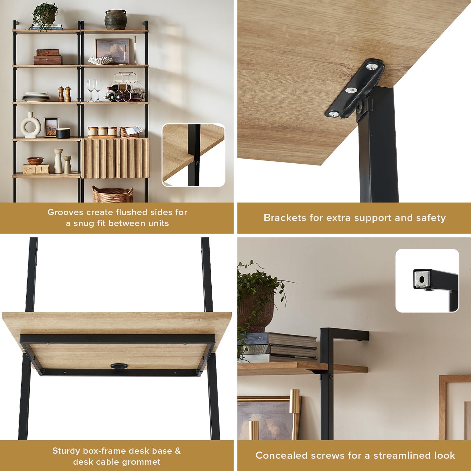 mopio Norwin 4 Piece Entertainment Center with Storage, 70' TV Stand, Industrial Modern Television Accent Cabinet, Oak Wood Media Console Table with 3-Tier Shelf Bookcase (3-Tier Display Set)