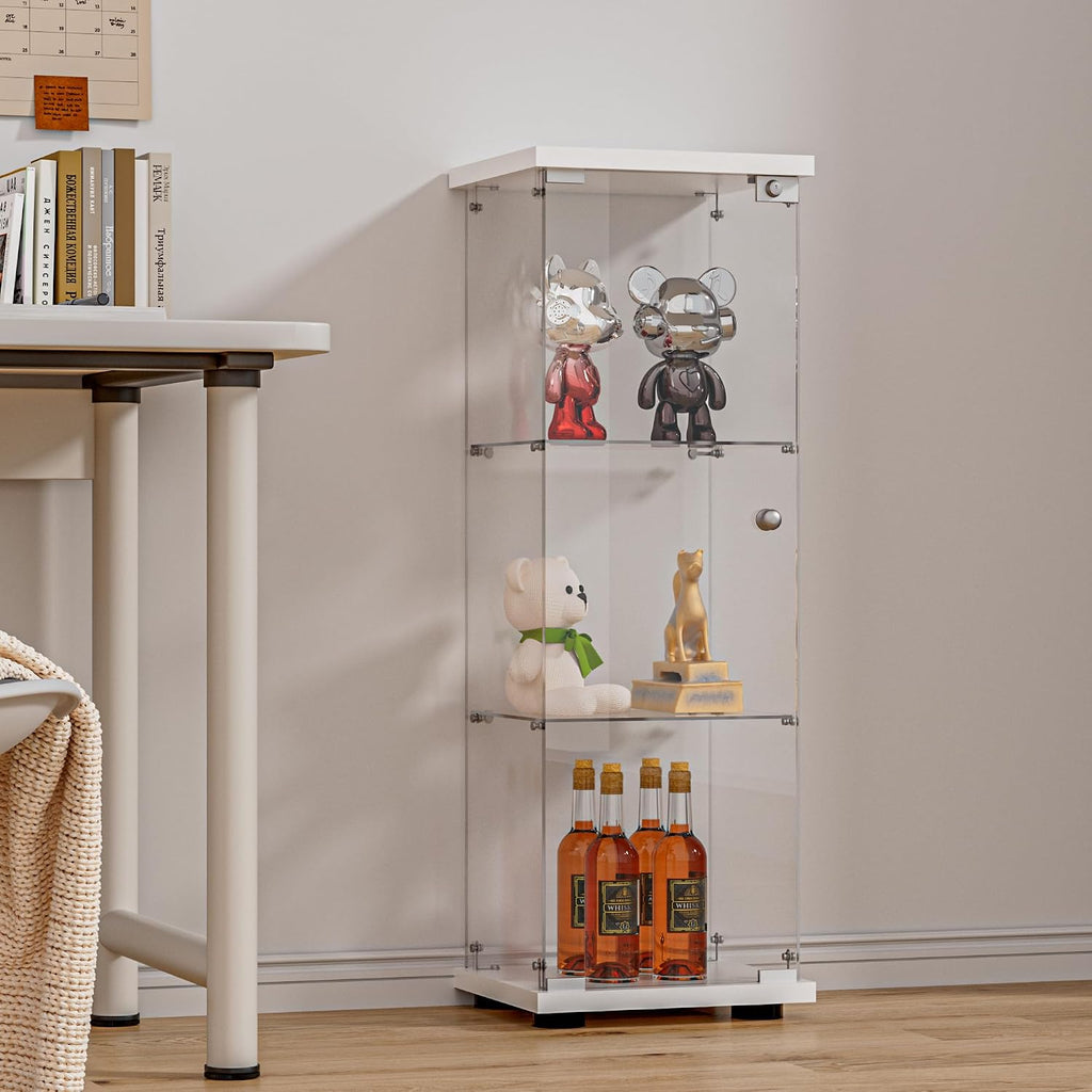 FANYUSHOW 3-Shelf Glass Display Cabinet with Door, Upgraded Quick-Install Style Curio Cabinets 4mm Tempered Glass Floor Standing Bookshelf for Bedroom, Living Room 49.1'x 16.7'x 14.3' White