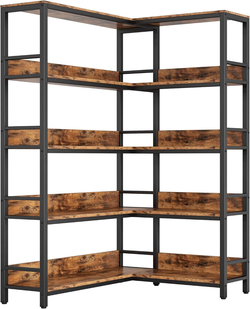 IRONCK Corner Shelf 5 Tiers 70LB Capacity L-Shaped Bookshelf with Baffles and Metal Frame for Home Office Living Room Kitchen Storage and Display