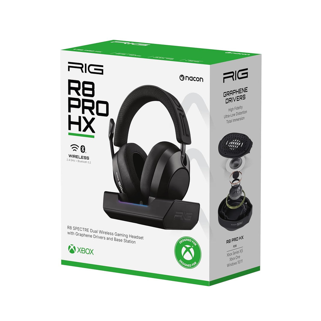 RIG R8 Spectre PRO HX Wireless Gaming Headset for Xbox Series X|S, Xbox One, PC, Mobile; Graphene Drivers, 3D Audio, Noise-Canceling Mic, Dual 2.4GHz / Bluetooth, 60-Hr Battery, RGB Charging Base