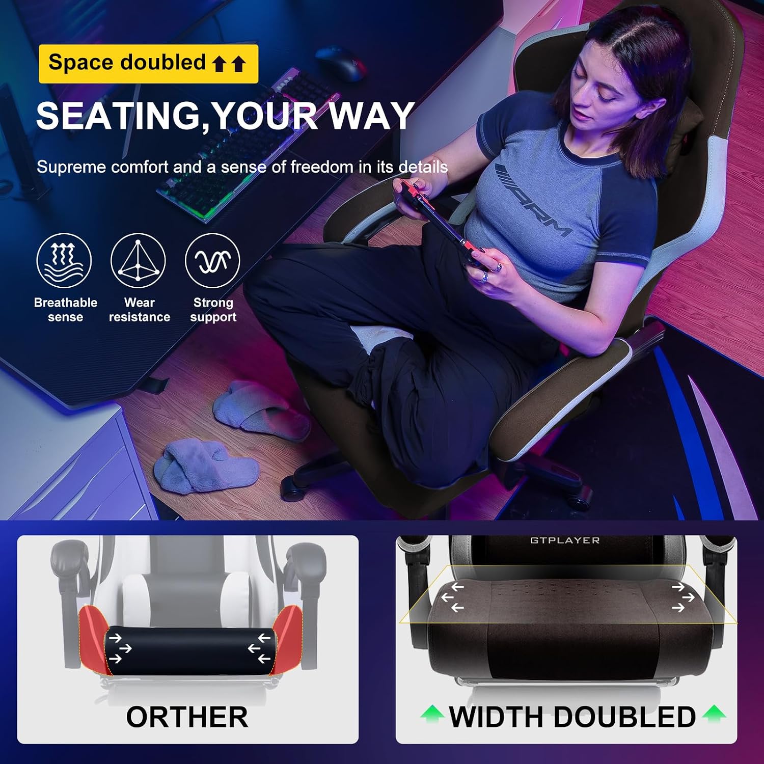 GTPLAYER Gaming Chair with Footrest Fabric Office Chair with Pocket Spring Cushion and Linkage Armrests, High Back Ergonomic Computer Chair with Lumbar Support Task Chair Brown