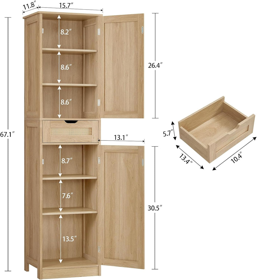 TEENFON 67' H Tall Storage Cabinet with 2 Rattan Doors and 1 Drawer, Narrow Rattan Cabinet with Adjustable Shelves, for Living Room, Entryway, Kitchen, Natural