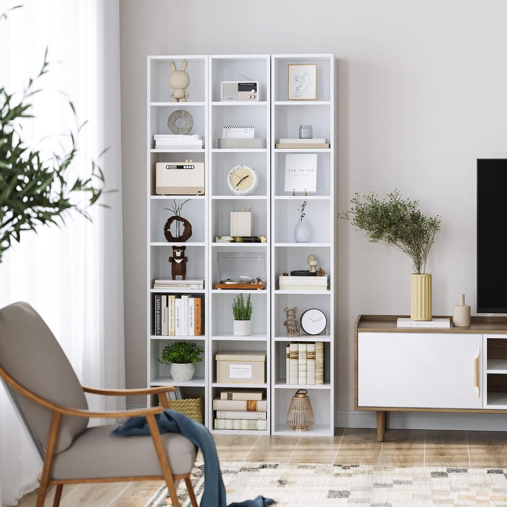 FOTOSOK 2 Pcs 71'' Tall Narrow Bookshelf, 8-Tier Media Tower Rack Set of 2, CD DVD Storage Cabinet with Adjustable Shelves, Tall Narrow Bookcase Skinny Display Bookshelf Slim Shelf, White