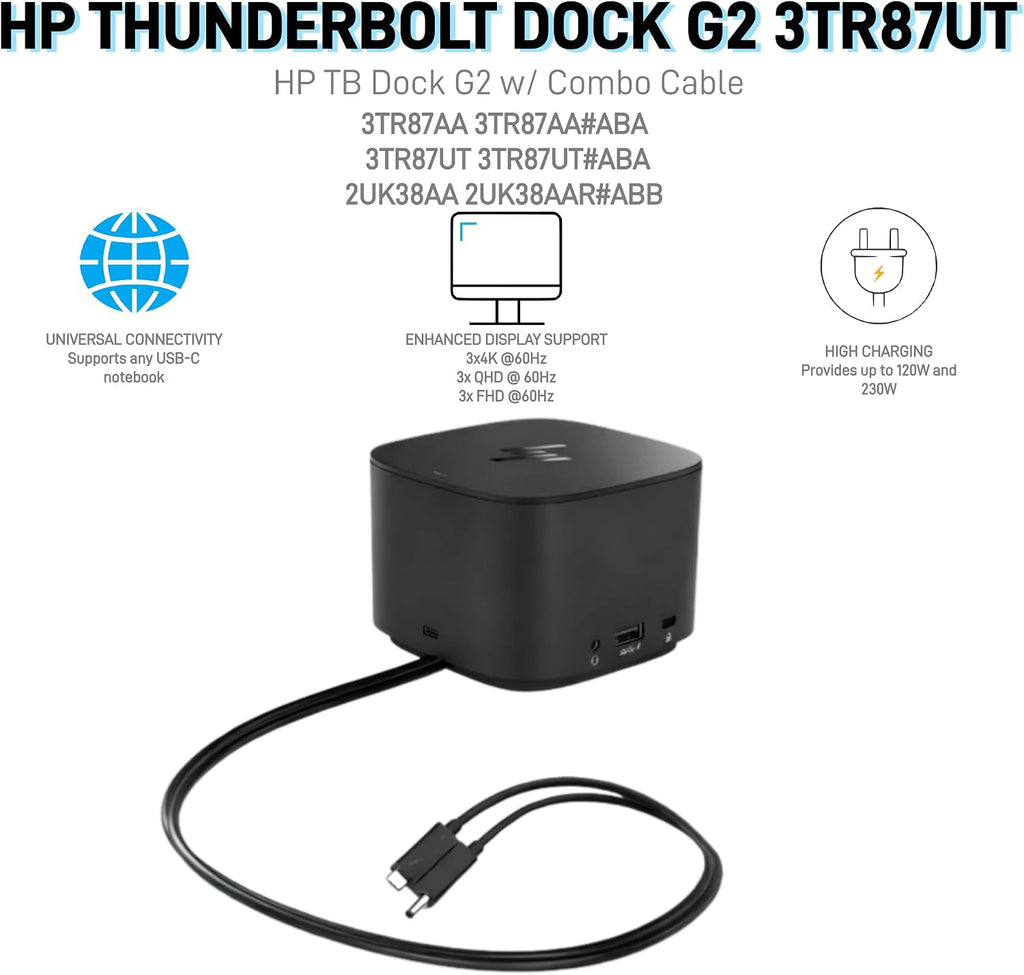 Genuine HP Thunderbolt Dock 230W G2 with Combo Cable 3TR87AA 3TR87AAR 3TR87AA#ABA w/ 230W Power Supply, HDMI Cable, 4K Ultra DisplayPort to HDMI Adapter, USB C Cable
