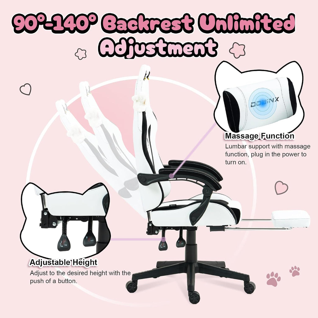 Dowinx Gaming Chair Cute with Plush Doggy and Massage Lumbar Support, Ergonomic Computer Chair for Girl with Footrest and Headrest, Comfortable Game Chair 290lbs for Adult, Teen, Black and White
