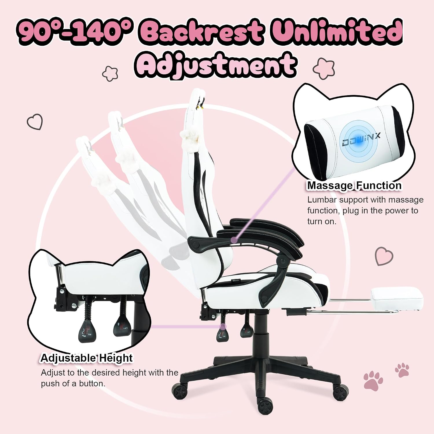 Dowinx Gaming Chair Cute with Plush Doggy and Massage Lumbar Support, Ergonomic Computer Chair for Girl with Footrest and Headrest, Comfortable Game Chair 290lbs for Adult, Teen, Black and White
