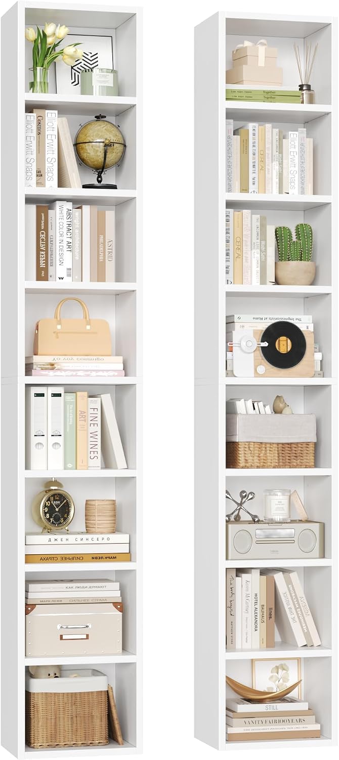 FOTOSOK 2 Pcs 71'' Tall Narrow Bookshelf, 8-Tier Media Tower Rack Set of 2, CD DVD Storage Cabinet with Adjustable Shelves, Tall Narrow Bookcase Skinny Display Bookshelf Slim Shelf, White