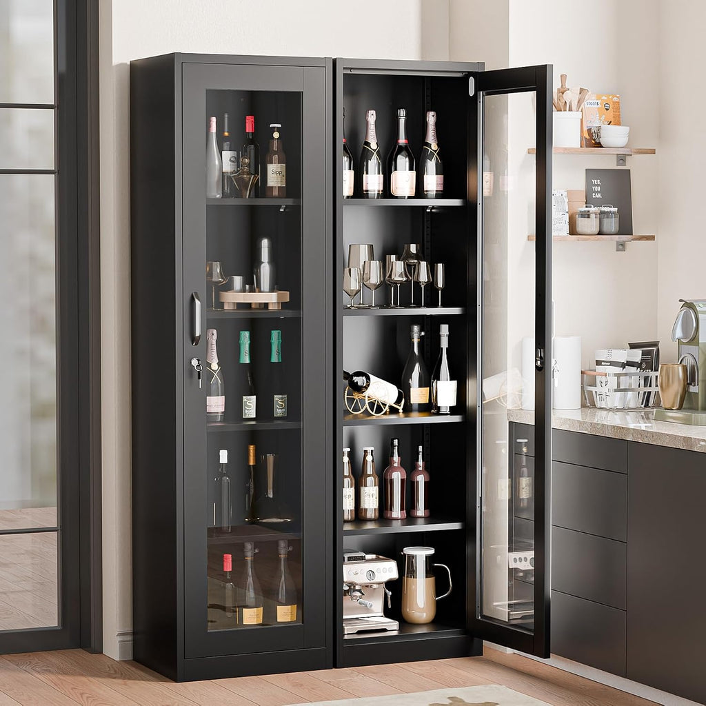 VINGLI Lockable Display Cabinet with Glass Door & 4 Adjustable Shelves, 65' Tall Metal Storage Cabinet Curio Liquor, Bookshelf Bookcase for Home Office Living Room Pantry Garage (Black)