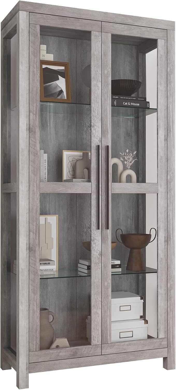 BELLEZE Glass Display Cabinet, Tall Curio Cabinet with Tempered Glass Doors for Living Room, Trophy Display Case - Avalon (Gray Wash)