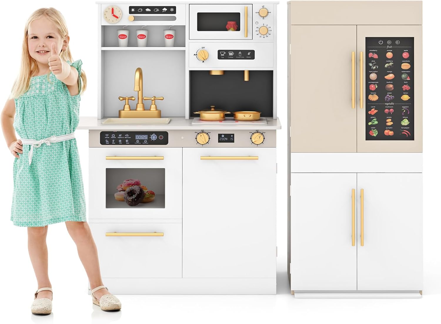 INFANS Play Kitchen for Kids, 2-Piece Fridge Refrigerator Playset Combination with Electronic Interactive Alphabet Wall Chart Coffee Machine Stove Microwave, Toddler Wooden Pretend Cooking Set Gift