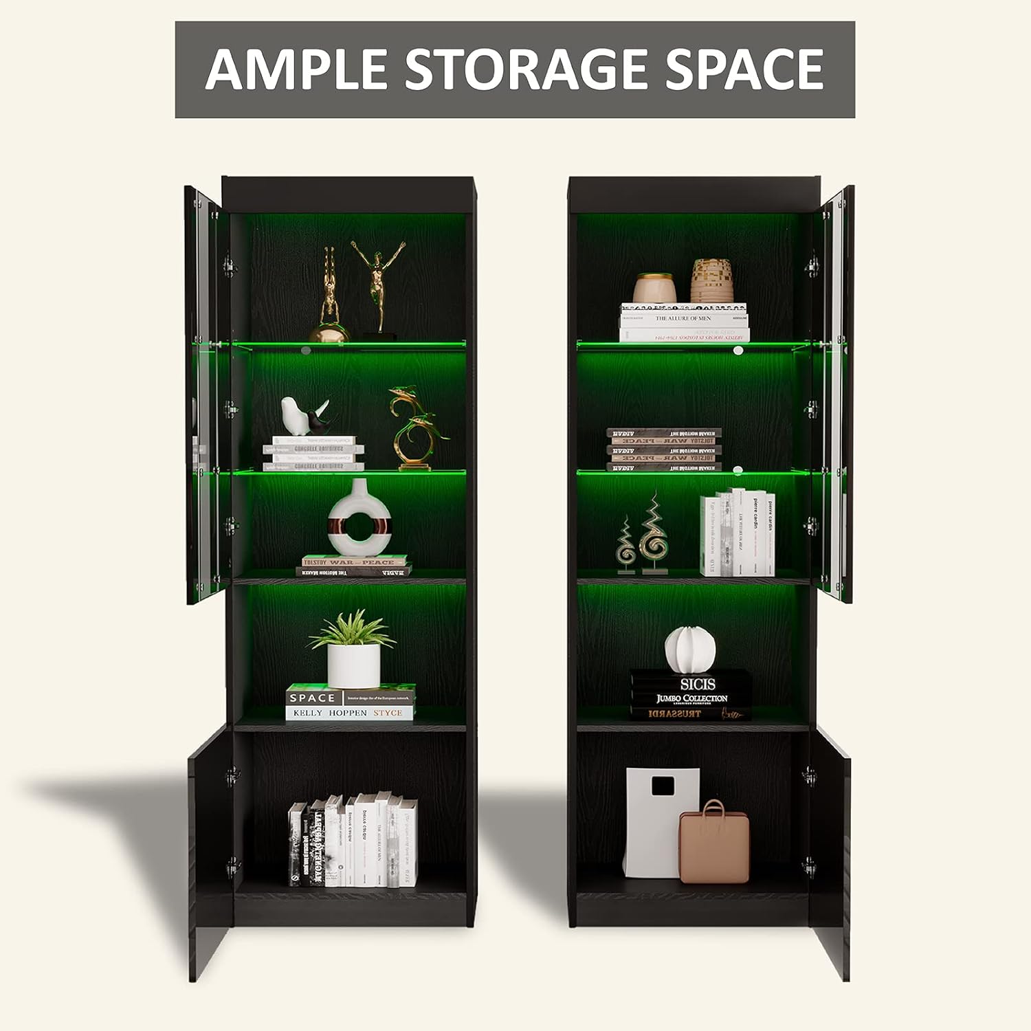 AMERLIFE 2 Piece 71in Tall Bookcase Storage Cabinet with Glass Doors, Modern High Gloss LED Bookshelf Display with 5 Tiers for Storage & Adjustable Glass Shelves for Living Room, Office, Black