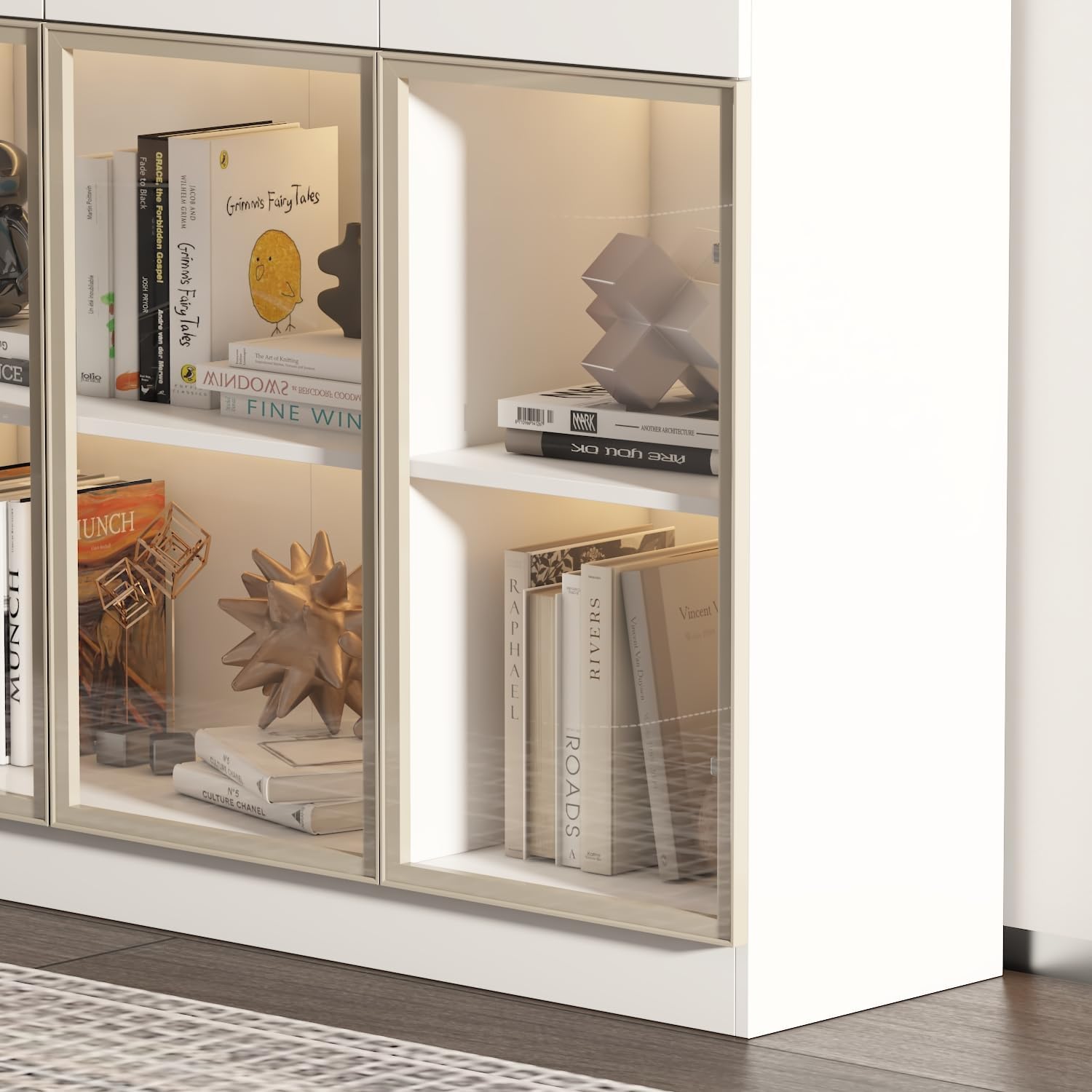 Curio Display Cabinet with Light, Storage Shelves with Pop-up Glass Doors, 3 Drawers & 3 Color Light, Collectibles Cabinet Display Shelf, Bookshelf Showcase for Living Room, White w/Hutch