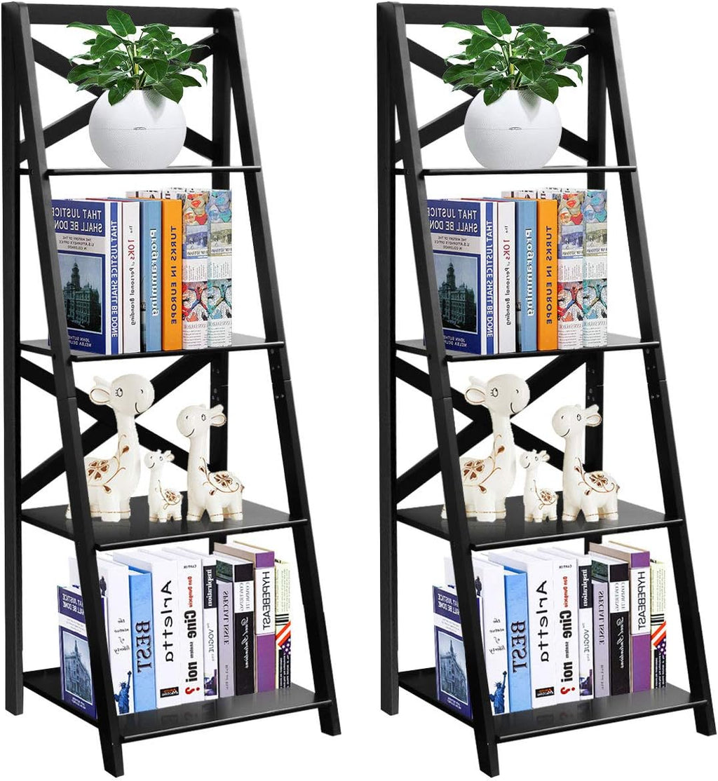 Tangkula 4-Tier Ladder Shelf Bookcase (Set of 2), Leaning Free Standing Wooden Frame Decor Bookshelf, Storage Flower Shelf, Plant Display Shelf for Home Office
