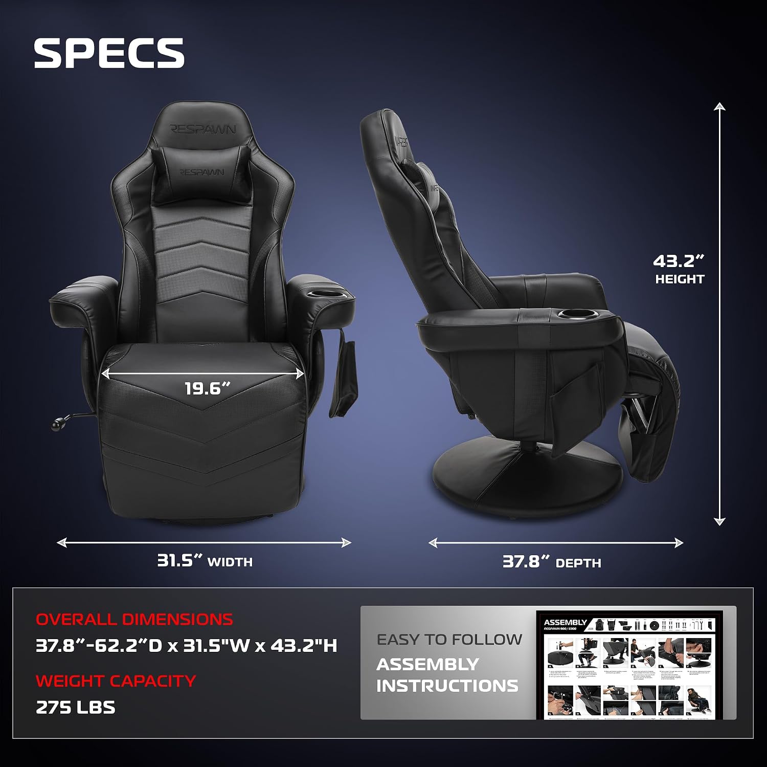 Respawn 900 Console Gaming Recliner with Footrest and Lumbar Support - Comfortable Ergonomic Gaming Chair with Headrest, No Wheels, Reclining, Heavy Duty, Racing Style Video Game Chairs - Black