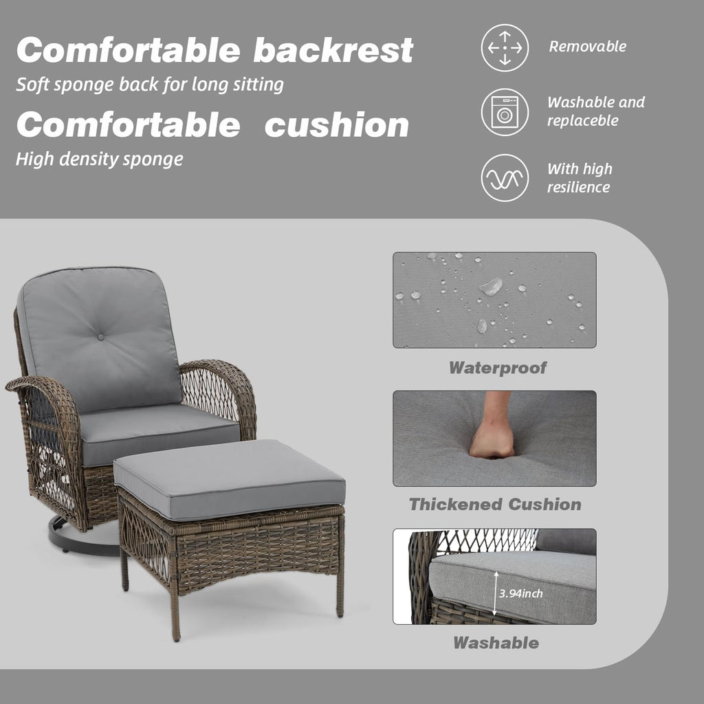 EROMMY 5 Pieces Outdoor Swivel Rocker Patio Chairs, 360 Degree Rocking Patio Conversation Set with Thickened Cushions, Glass Coffee Table and Ottomans for Backyard, Gray