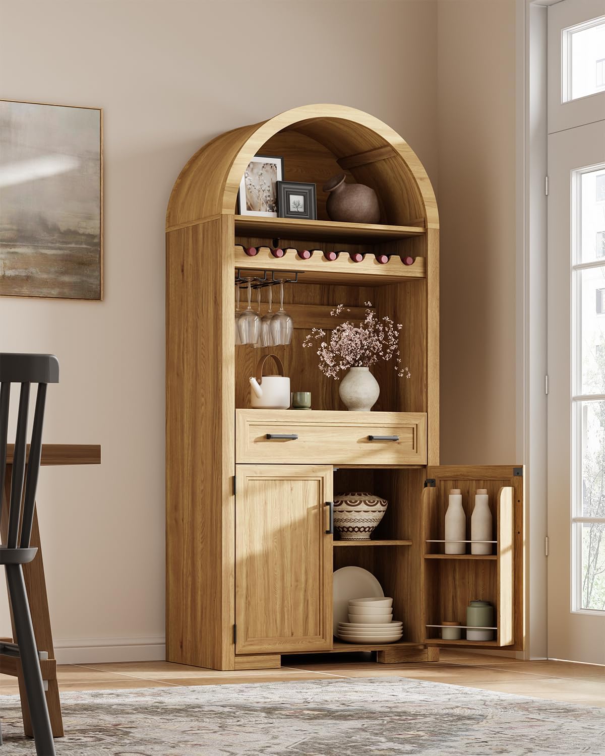 72' Tall Arched Kitchen Pantry, Modern Wood Kitchen Storage Cabinets with Large Drawer, 4 Door Shelves, Adjustable Shelves, and Wine Racks, Versatile Cupboard for Dining Room, Natrual Oak