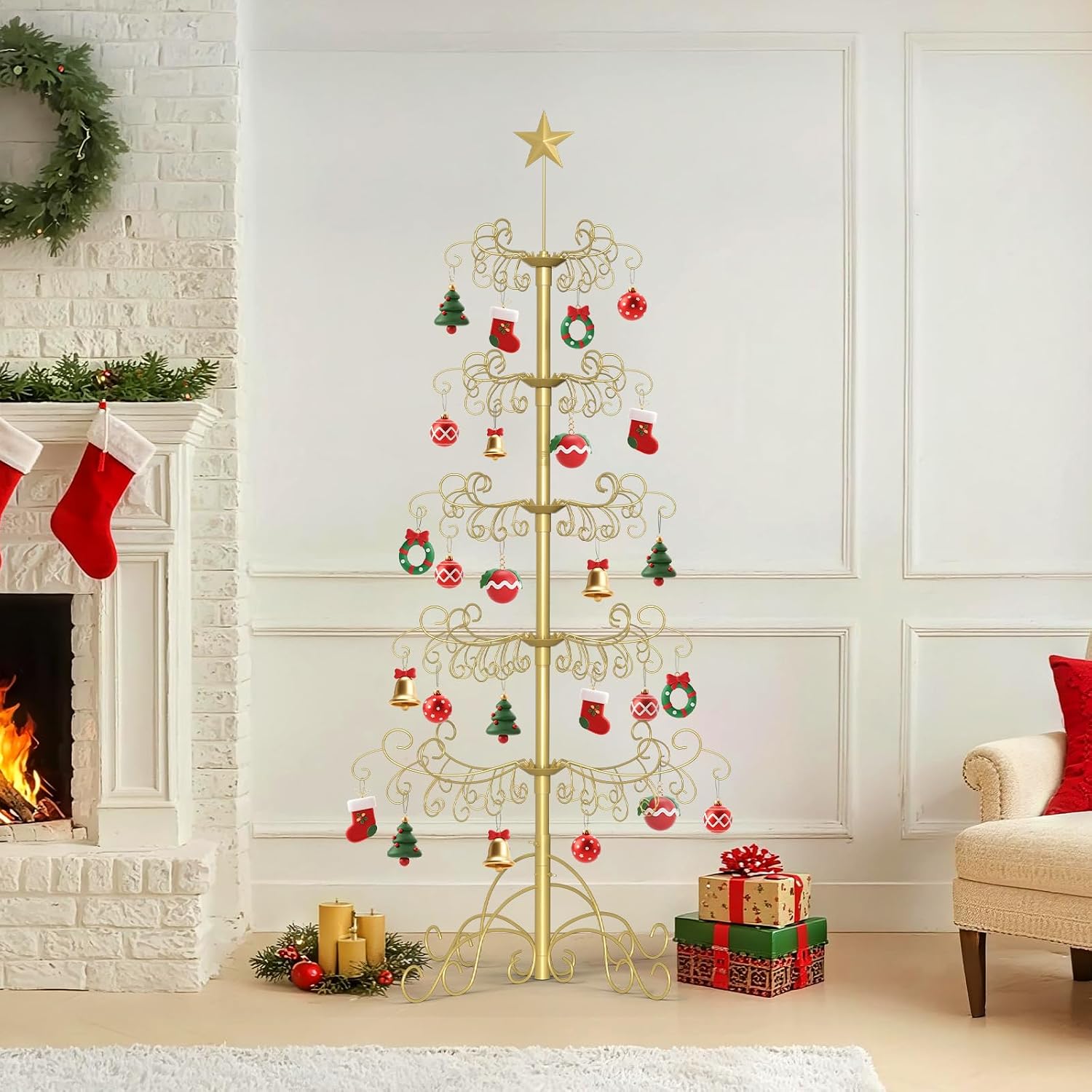 SUNYRISY 2Pack 6Ft Metal Ornament Display Stand Wrought Iron Christmas Tree with Wire Hanging Hooks for Holiday Christmas Halloween Balls Decoration Gift, Gold