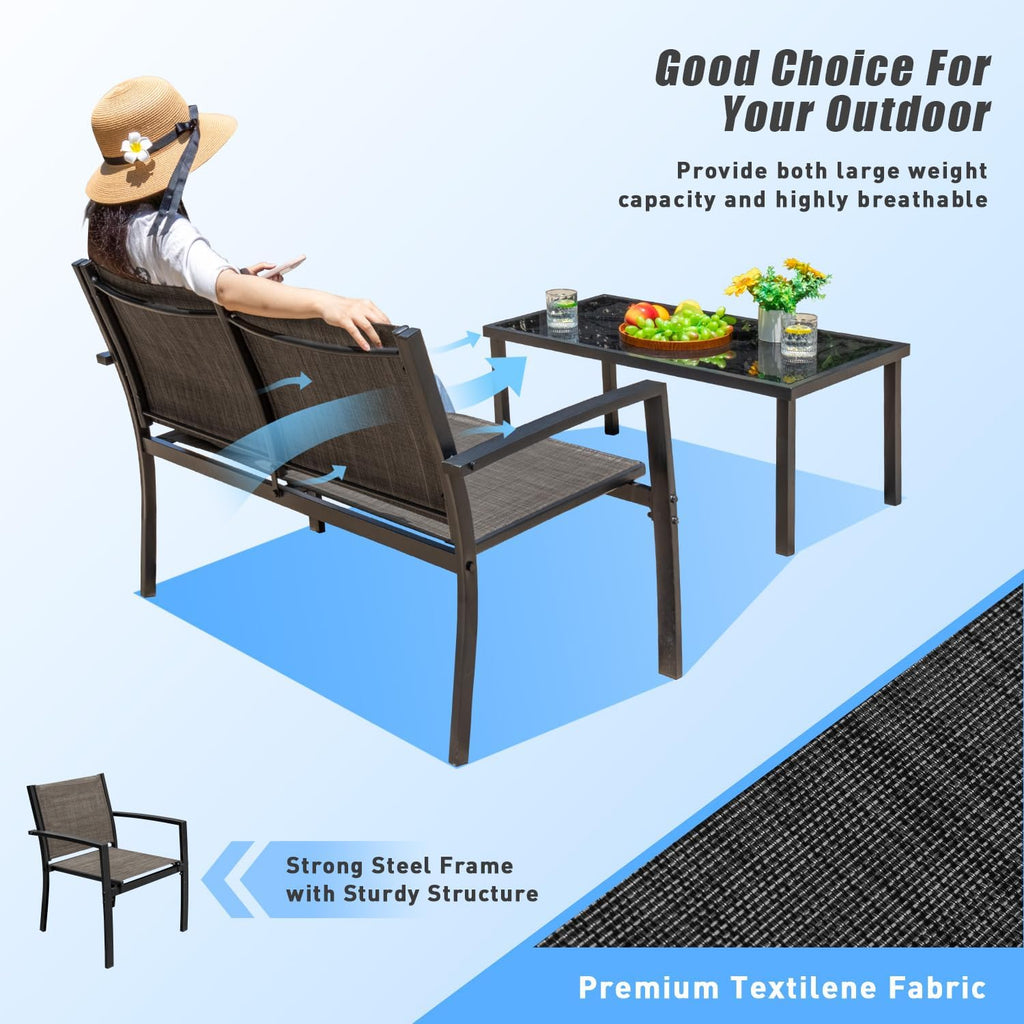 Devoko 4 Pieces Patio Furniture Set Outdoor Garden Patio Conversation Sets Poolside Lawn Chairs with Glass Coffee Table Porch Furniture (Brown)