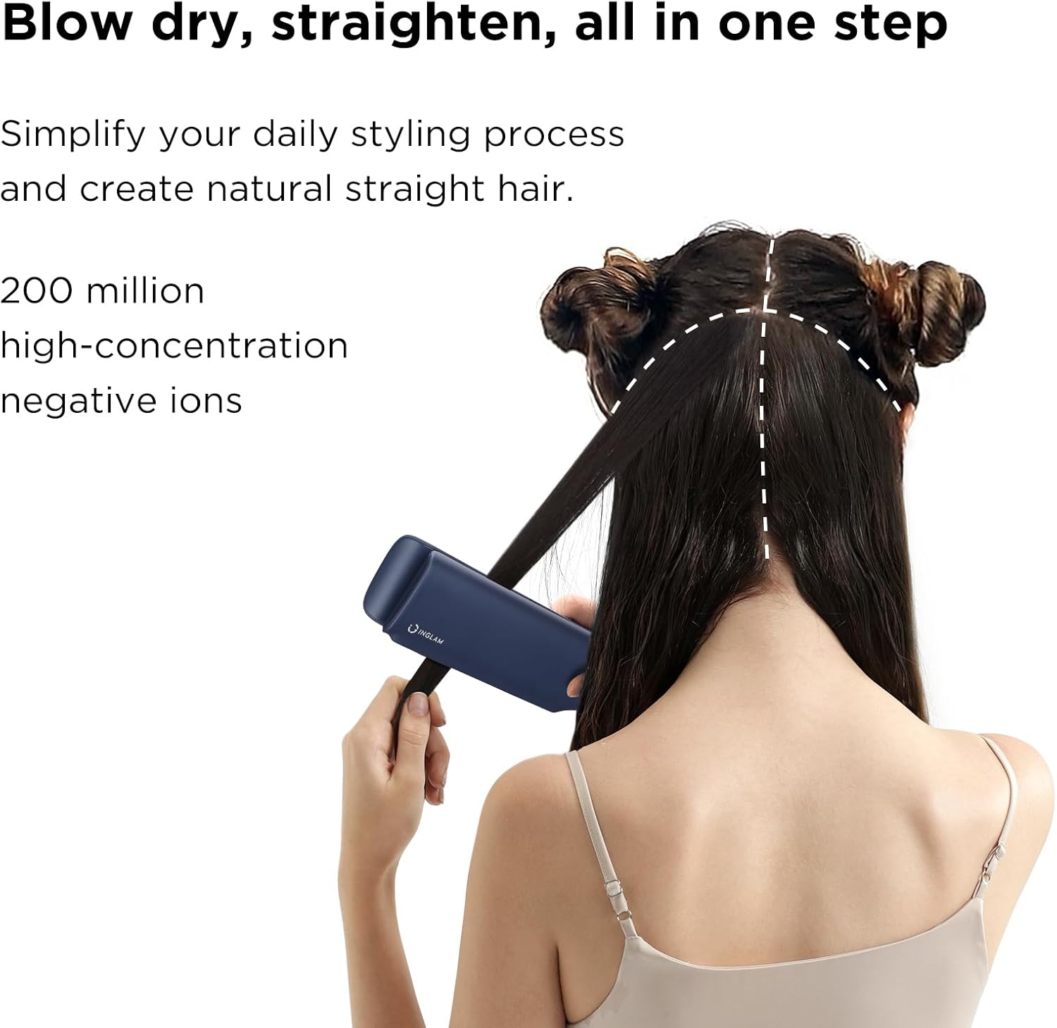 IG INGLAM Air Straight, Style from Wet Hair, 200M Ionic Hair Dryer Straightener for Medium Long Length(14'-30'), Straightener and Dryer 2 in 1, Fast Drying and Straightening in One Step, Dark Blue