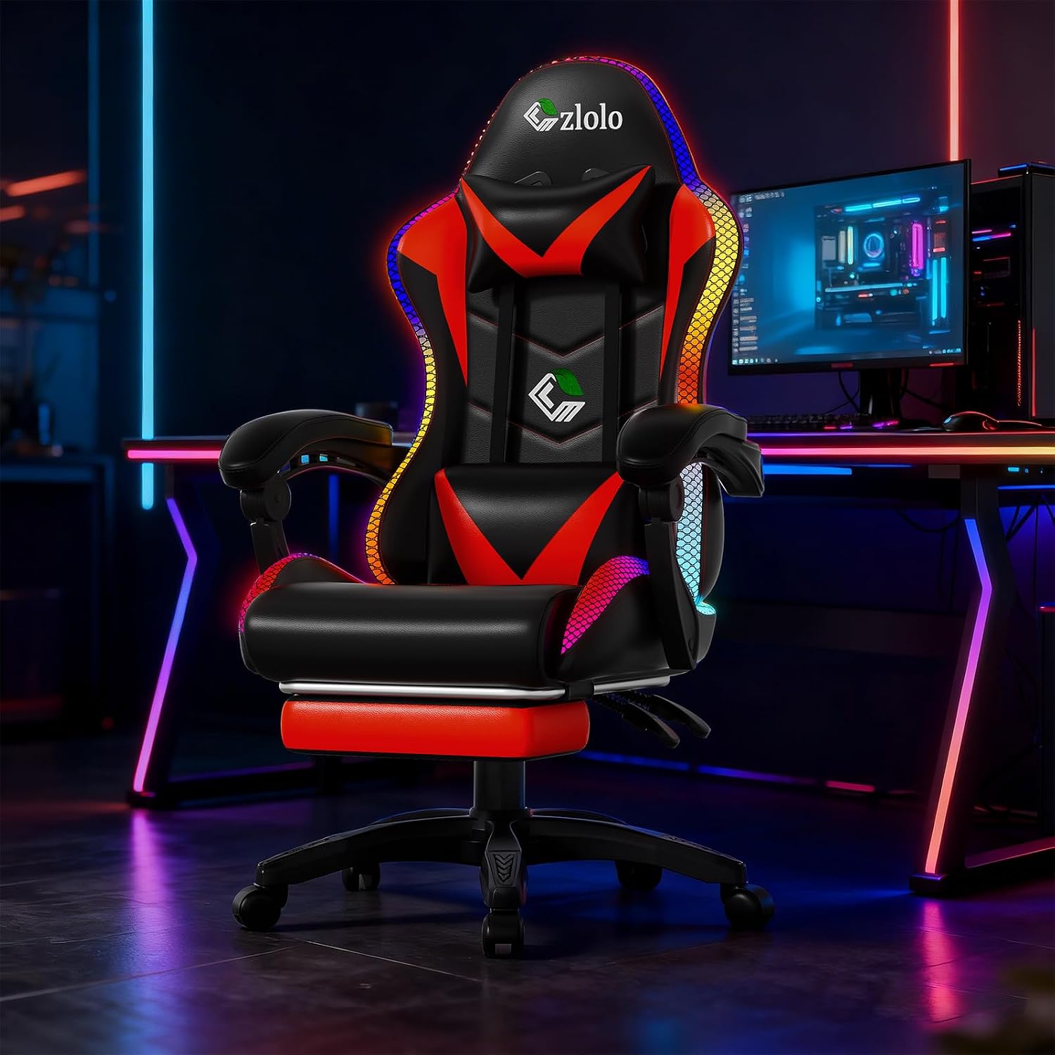 Czlolo Gaming Chair, Racing Style RGB LED Lights Gaming Chairs for Adults and Kids, Lumbar Massager Gamer Chair, High Back Reclining Computer Chair with Footrest and Headrest (Black/Red)