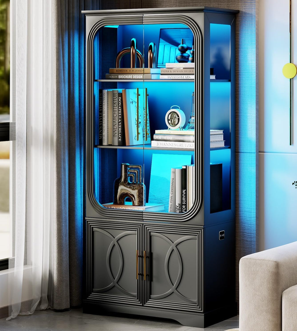 Lareth Display Curio Cabinet with Glass Doors, 69 in Tall Bookcase with LED Lights, Storage Cabinet|Kitchen Pantry Cabinet, 5 Tier Glass Display Case for Living Room, Home Office, Black