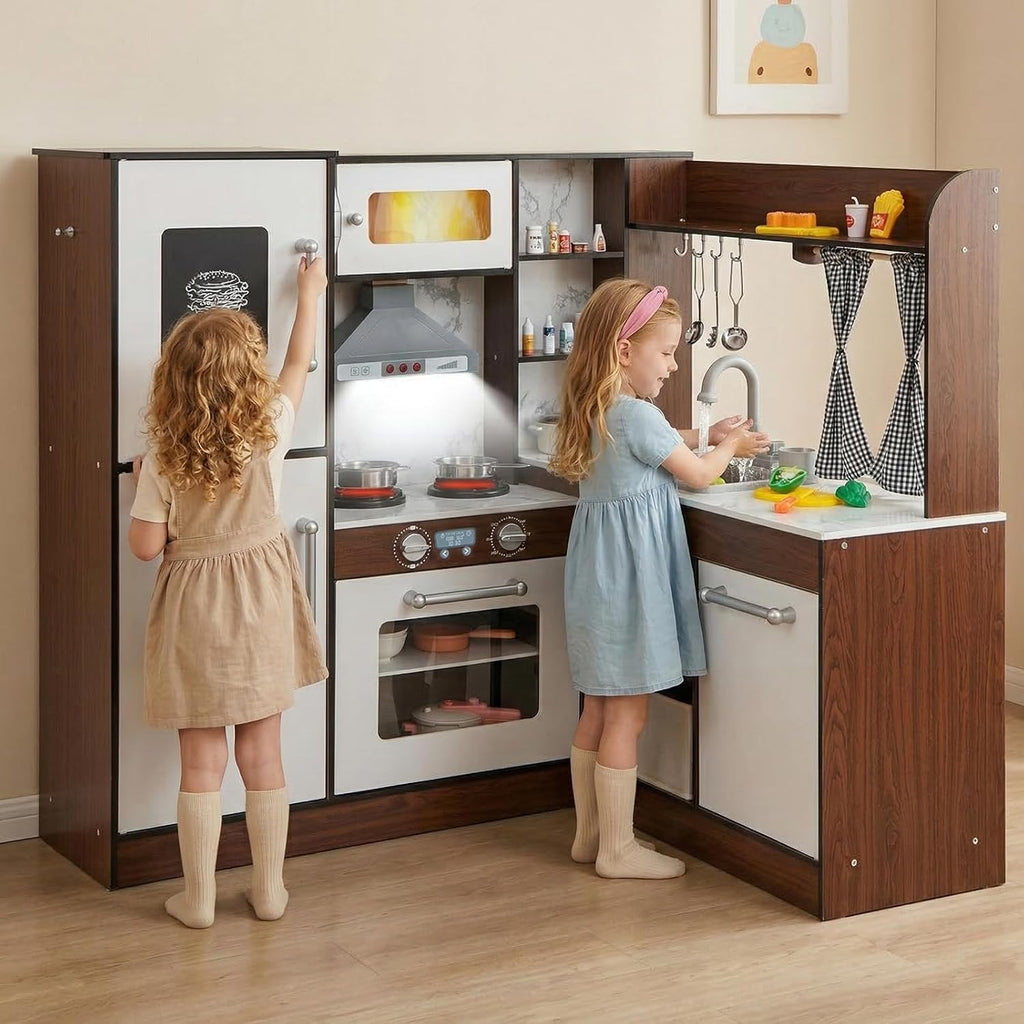 INFANS Kids Kitchen Playset with Real Running Water, Ultimate Wooden Corner Pretend Cooking Set with Simulation Light Sound Stove Storage Cabinet, Play Toy Gift