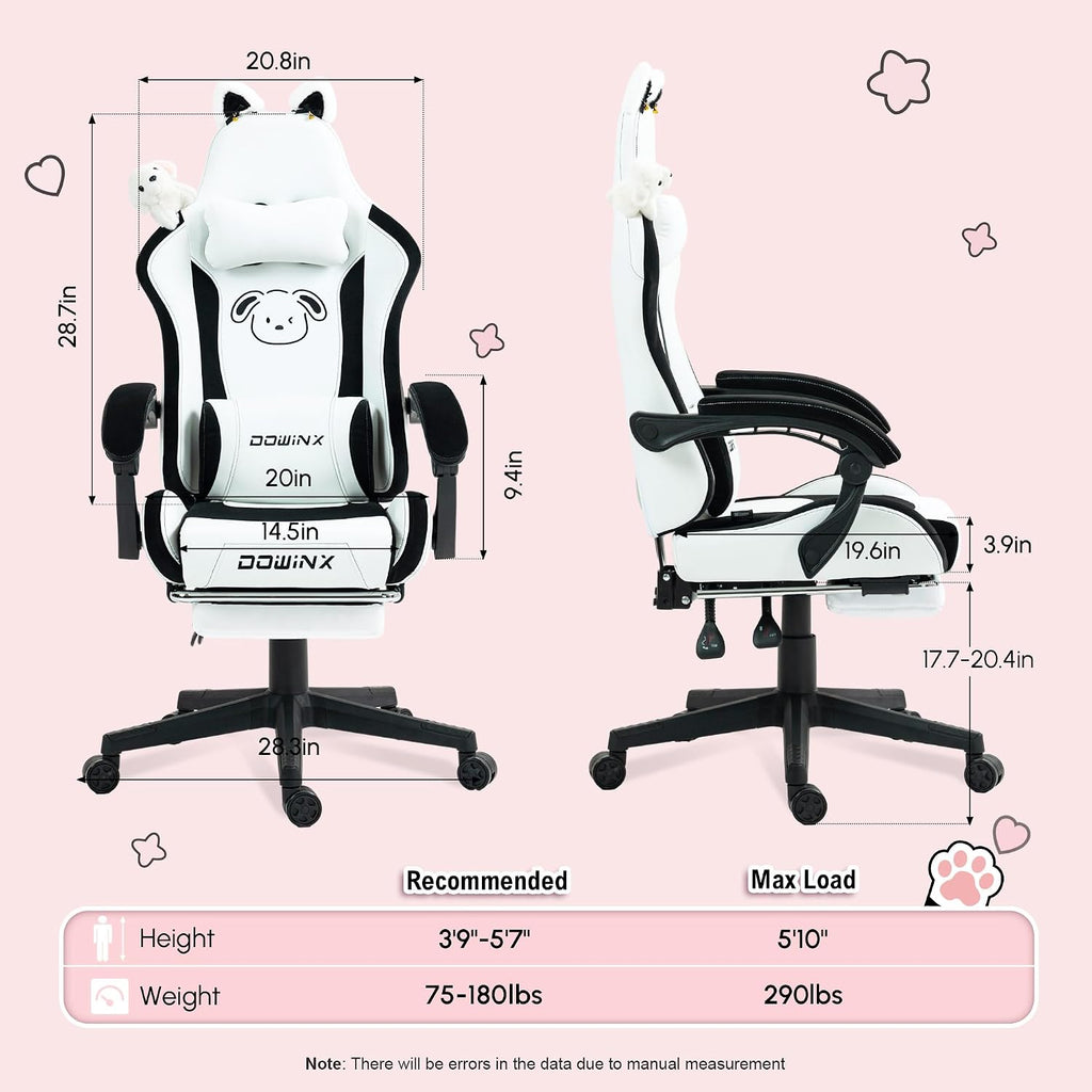 Dowinx Gaming Chair Cute with Plush Doggy and Massage Lumbar Support, Ergonomic Computer Chair for Girl with Footrest and Headrest, Comfortable Game Chair 290lbs for Adult, Teen, Black and White