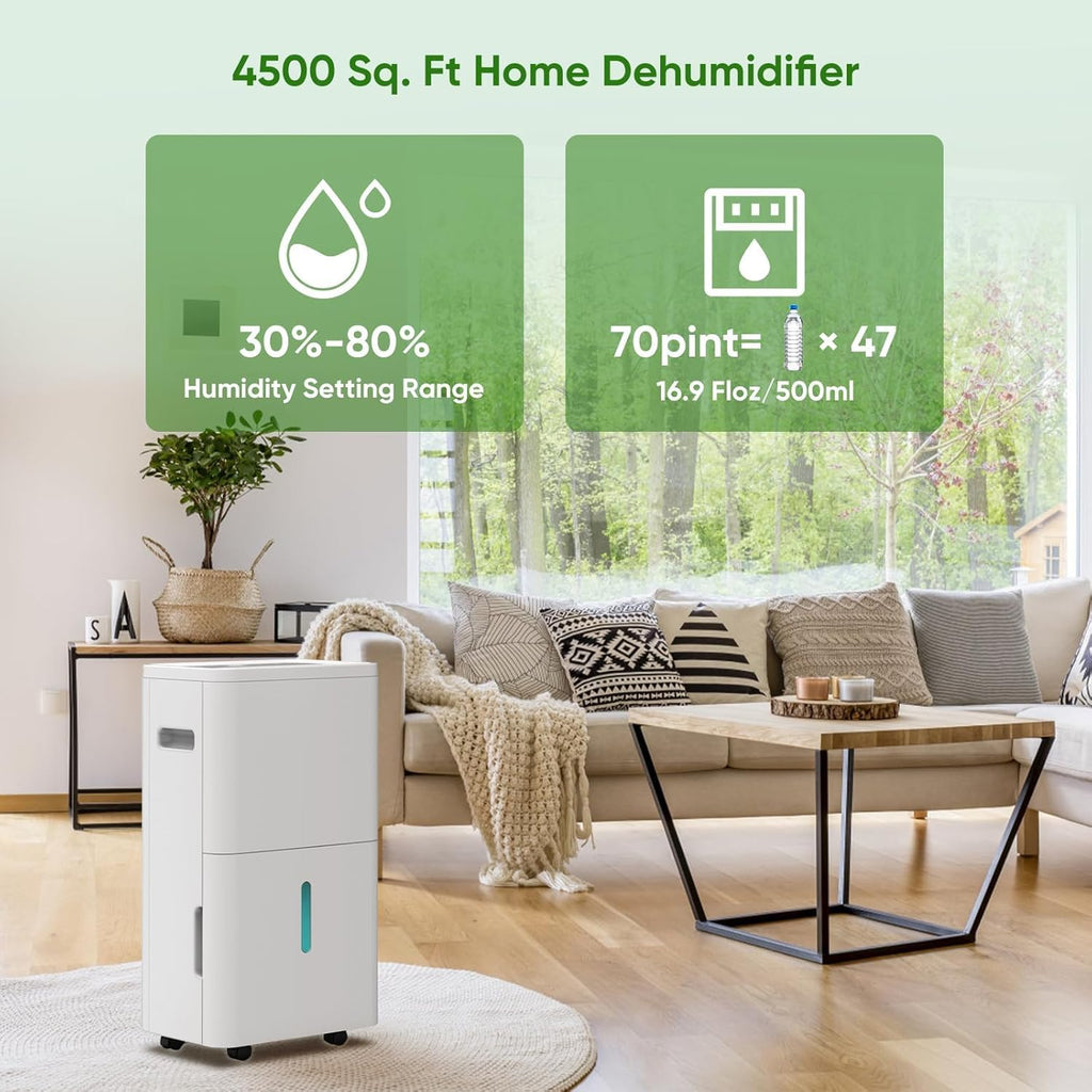 Dehumidifier, Dehumidifier for Basement with Drain Hose Max 70 Pints, Dehumidifiers for Home up to 4,500 Sq. Ft, Ideal for Bedroom, Bathroom & Large Rooms, Humidity Control, Dry Clothes, 24HR Timer
