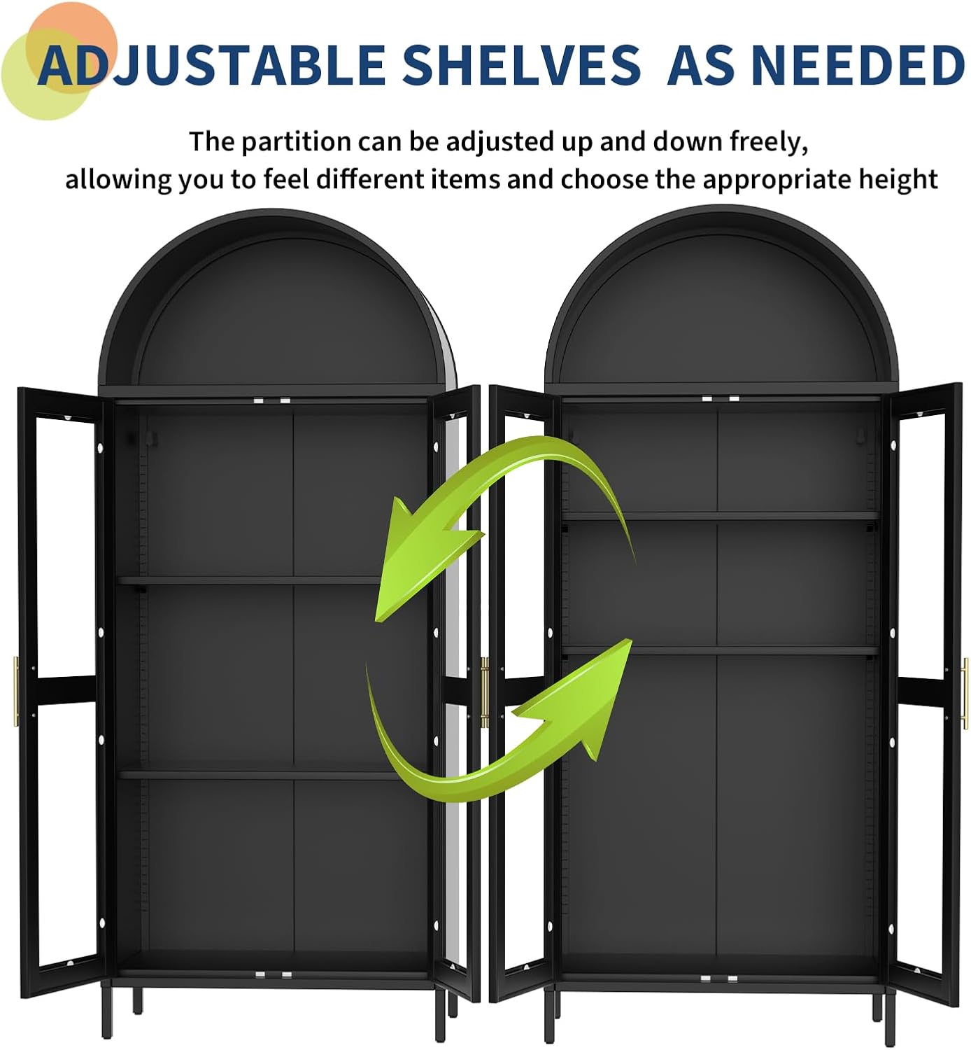 GarveeHome 73' Tall Arched Cabinet with Glass Doors & Adjustable Shelves，Modern Farmhouse Pantry Storage, Display Bookshelf for Kitchen/Dining/Living Room – Freestanding Organizer, Black