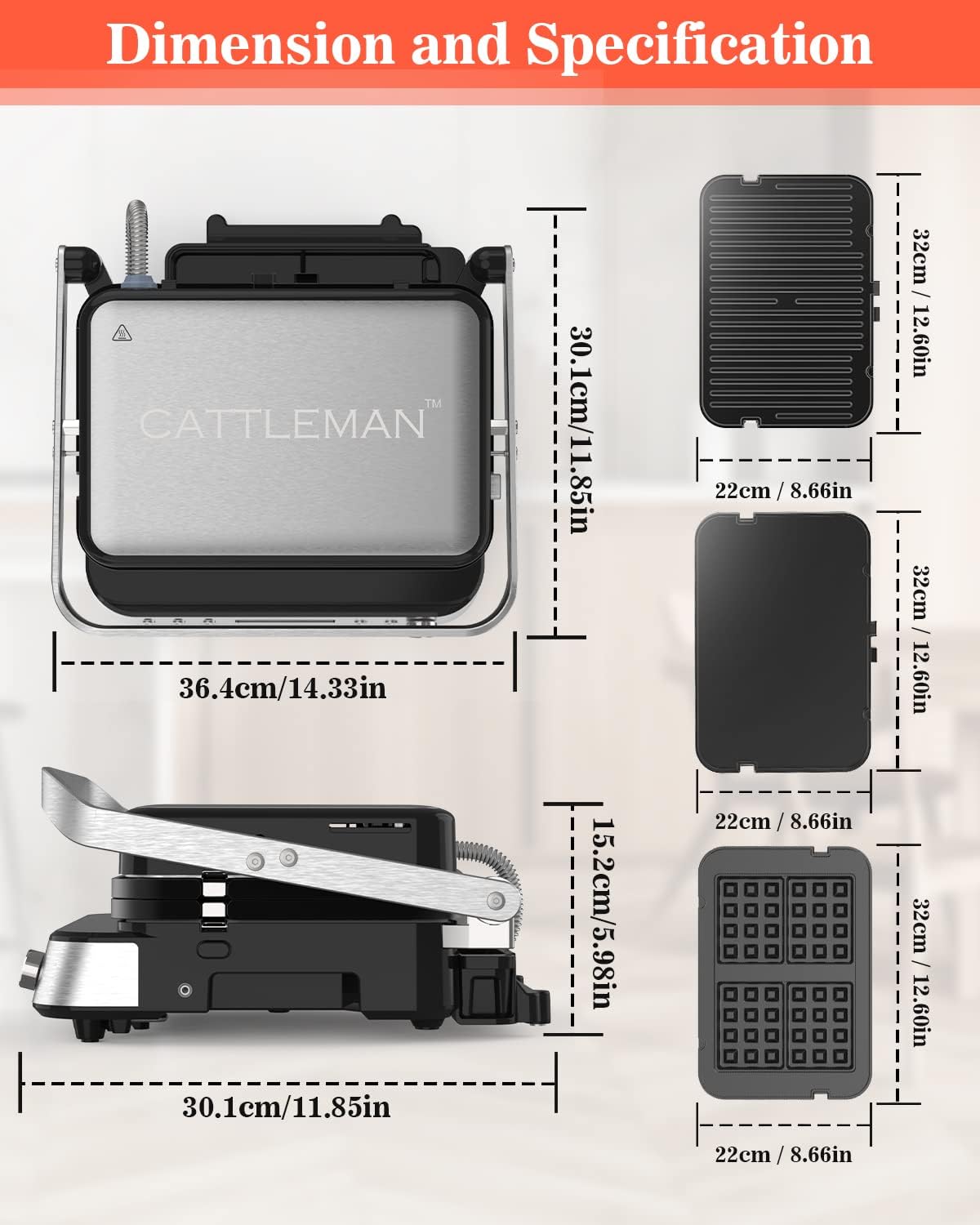 CATTLEMAN Panini Press Grill Sandwich Maker with Removable Plates, 1600W, 6 in 1 Indoor Grill with Meat Thermometer, Electric Contact Grills for Kitchen, Stainless Steel