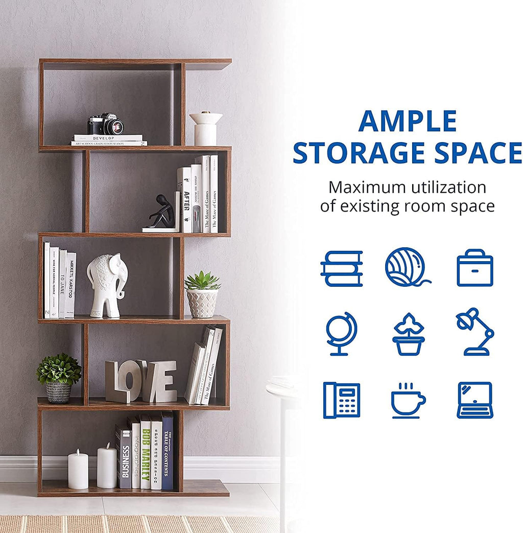 Cozy Castle Set of 2 Geometric Bookcase, S-Shaped Modern Bookshelf, Room Divider Bookshelf, 62' Tall Unique Abstract Bookcase with 5-Tier Display Shelf for Living Room Office, Rustic Brown