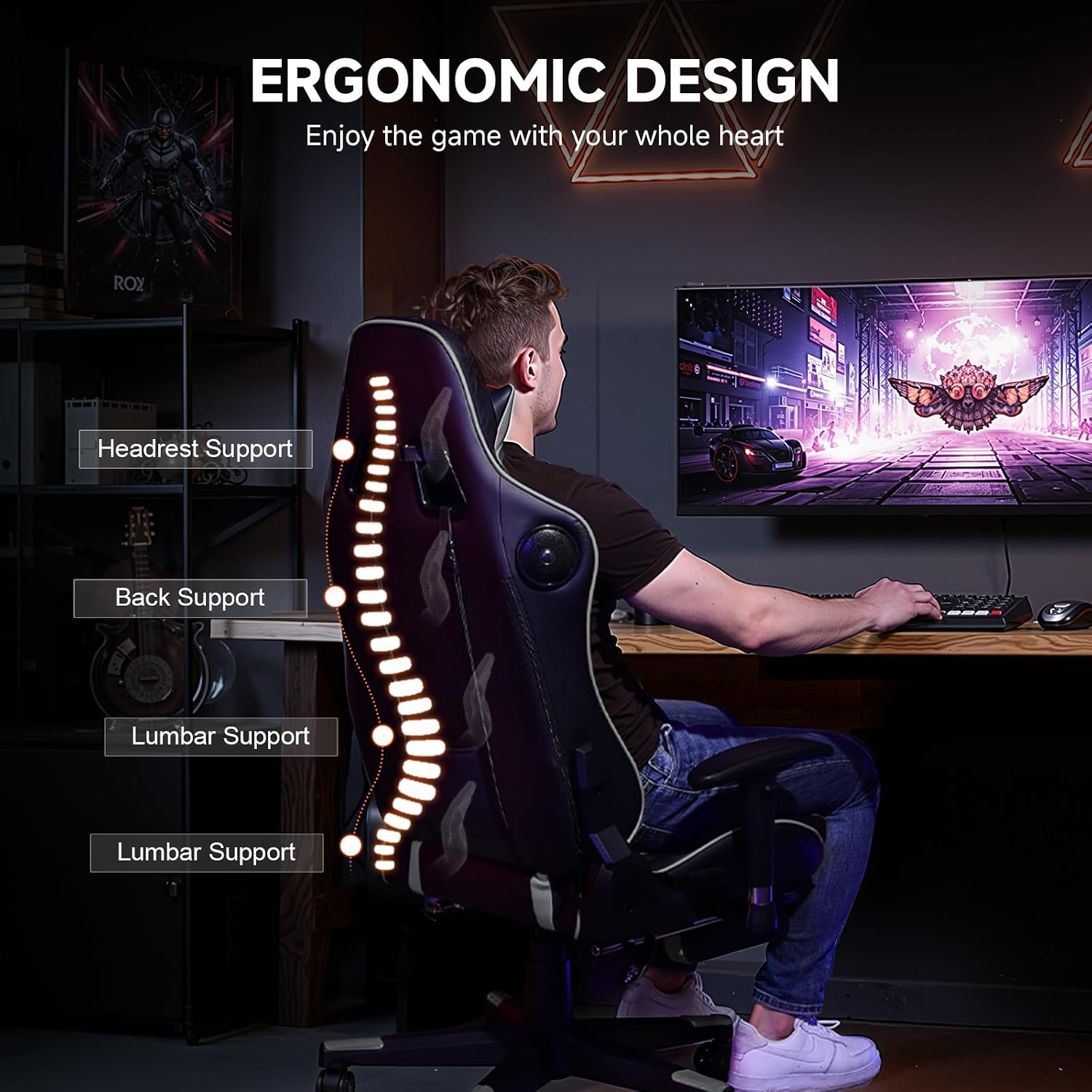 GTPLAYER Gaming Chair,Gamer Chair with Bluetooth and Adjustable Backrest,Seat Height Adjustable Computer Chairs with 3D Armrests,Video Game Chair with Footrest Speakers (Grey)