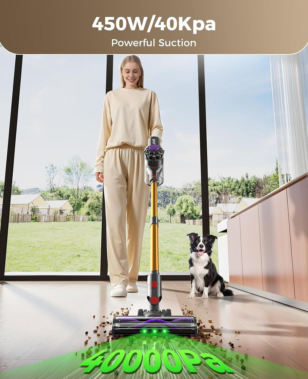Cordless Vacuum Cleaner, 450W 40KPA Vacuum Cleaners for Home, 45 Mins Lightweight Stick Vacuum Cordless with LED Display, Rechargeable Battery Vacuum for Carpet,Pet Hair,Hardwood Floor