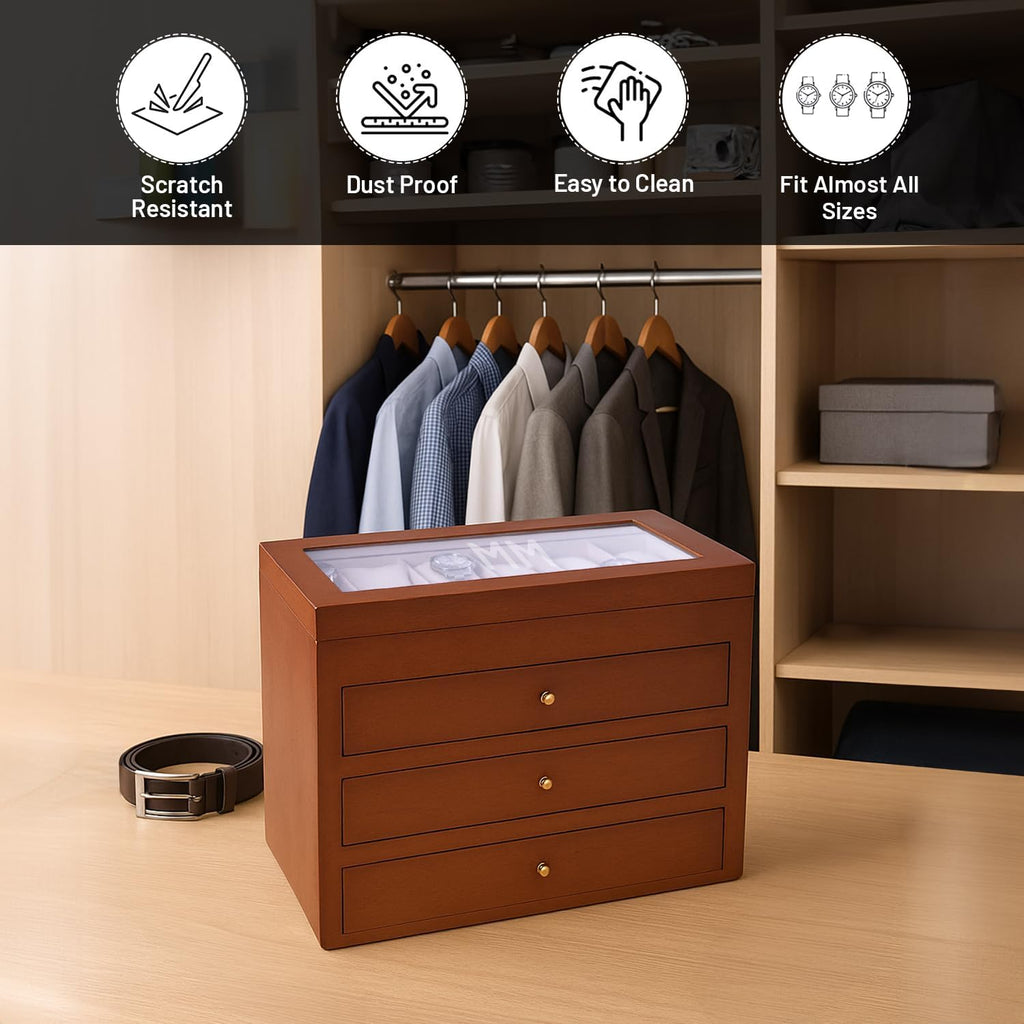 Bey-Berk Personalized Cherry Wood 48-Slot Watch Box (Brown), Custom Glass-Top Solid Wood Watch Organizer with Drawers & Velour-Lined Cushions