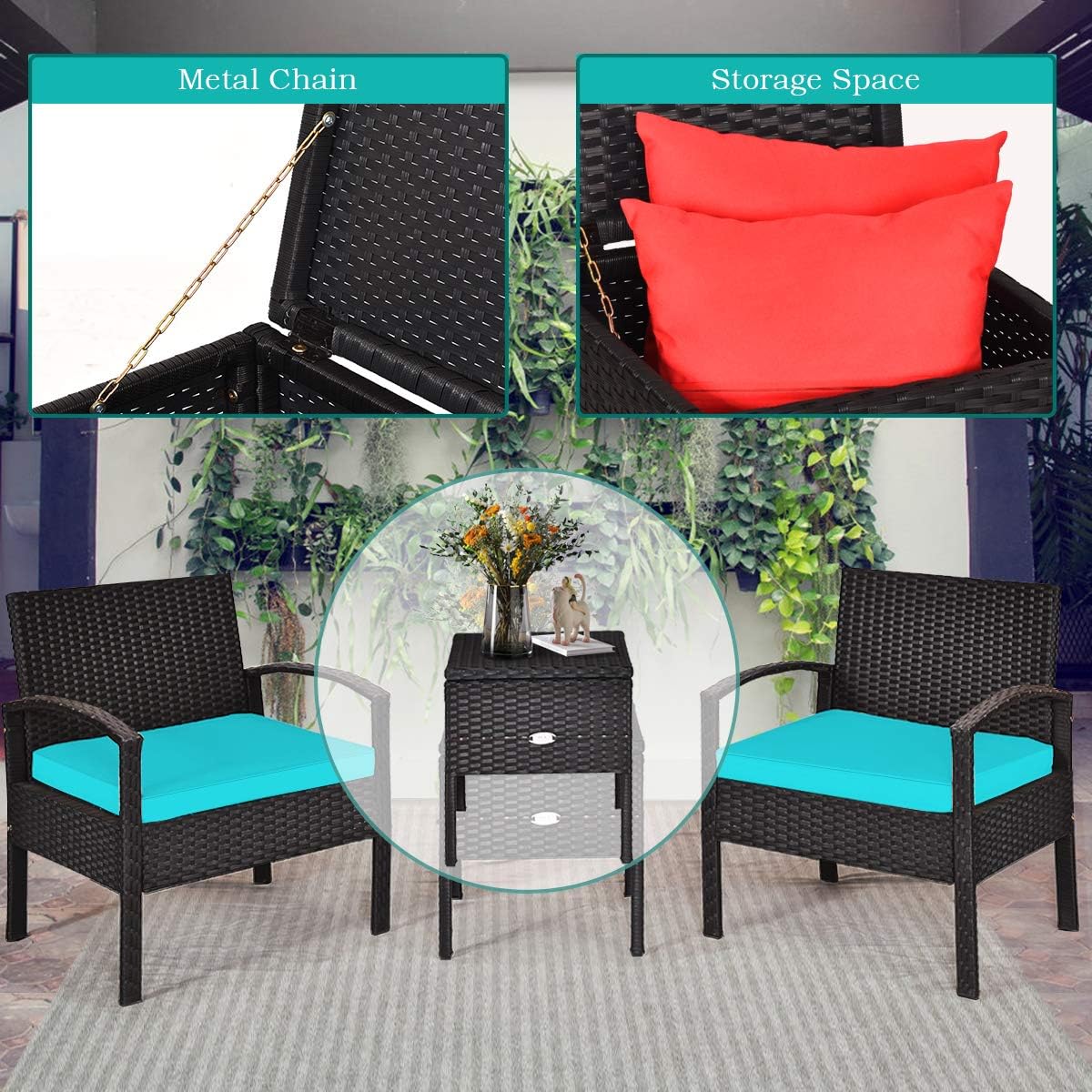 COSTWAY Rattan Patio Furniture Set 3 Pieces, Wicker Conversation Set with Tempered Glass Coffee Table, Seat Cushions, Outdoor Chair Wicker Sofa for Backyard Balcony Porch Poolside, Turquoise