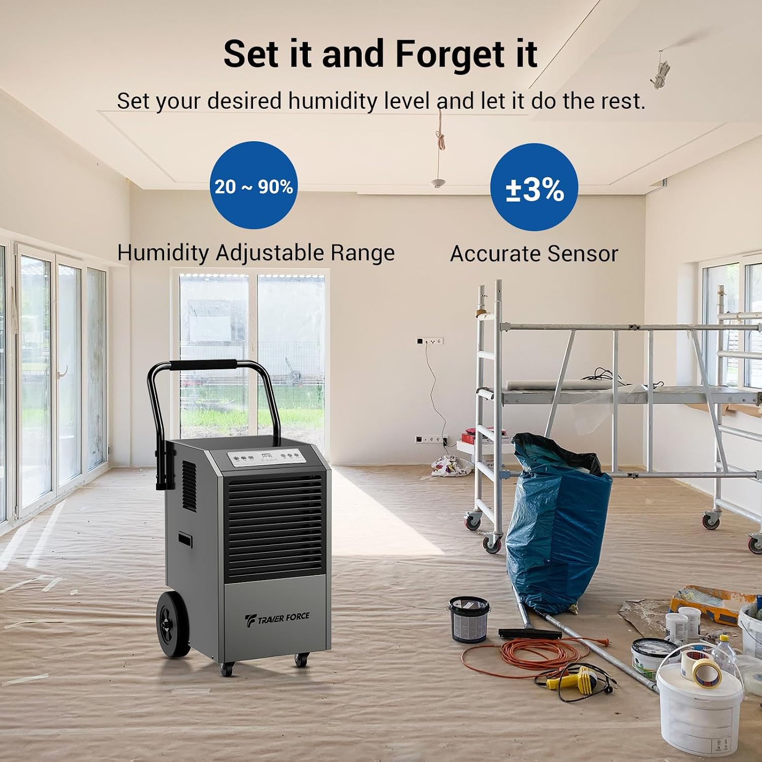 Traver Force Commercial Dehumidifier, 170 Pint Large Dehumidifier with Pump Drain Hose, Up to 7,500 sq. ft, for Crawl Space, Basement, Warehouse, Water Damage Restoration, Job Sites