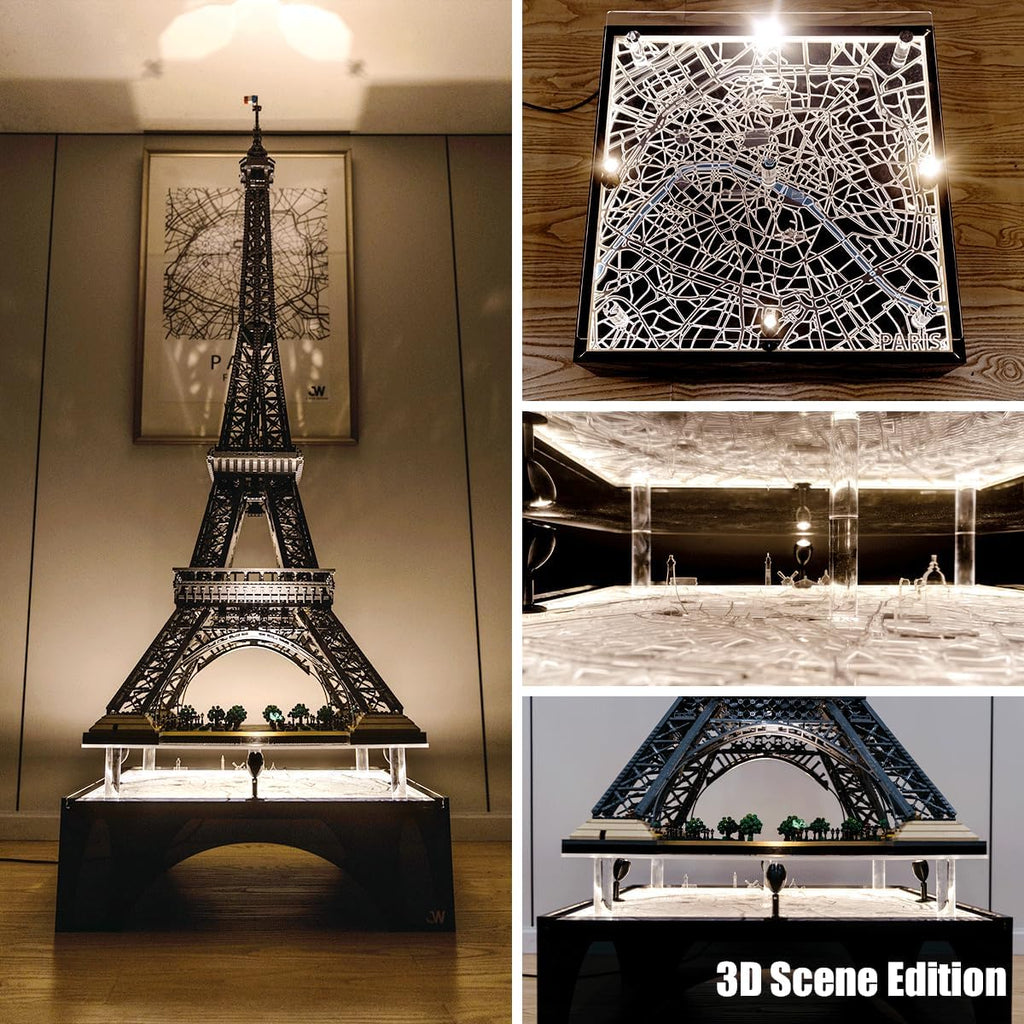 J.WOO Studio Premium LED Display Stand for LEGO 10307 Eiffel Tower (Fits 10001PCS, 59-Inch Model) | Collector Acrylic Stand with Four-Sided Spotlights & Exclusive Engraved Paris Map