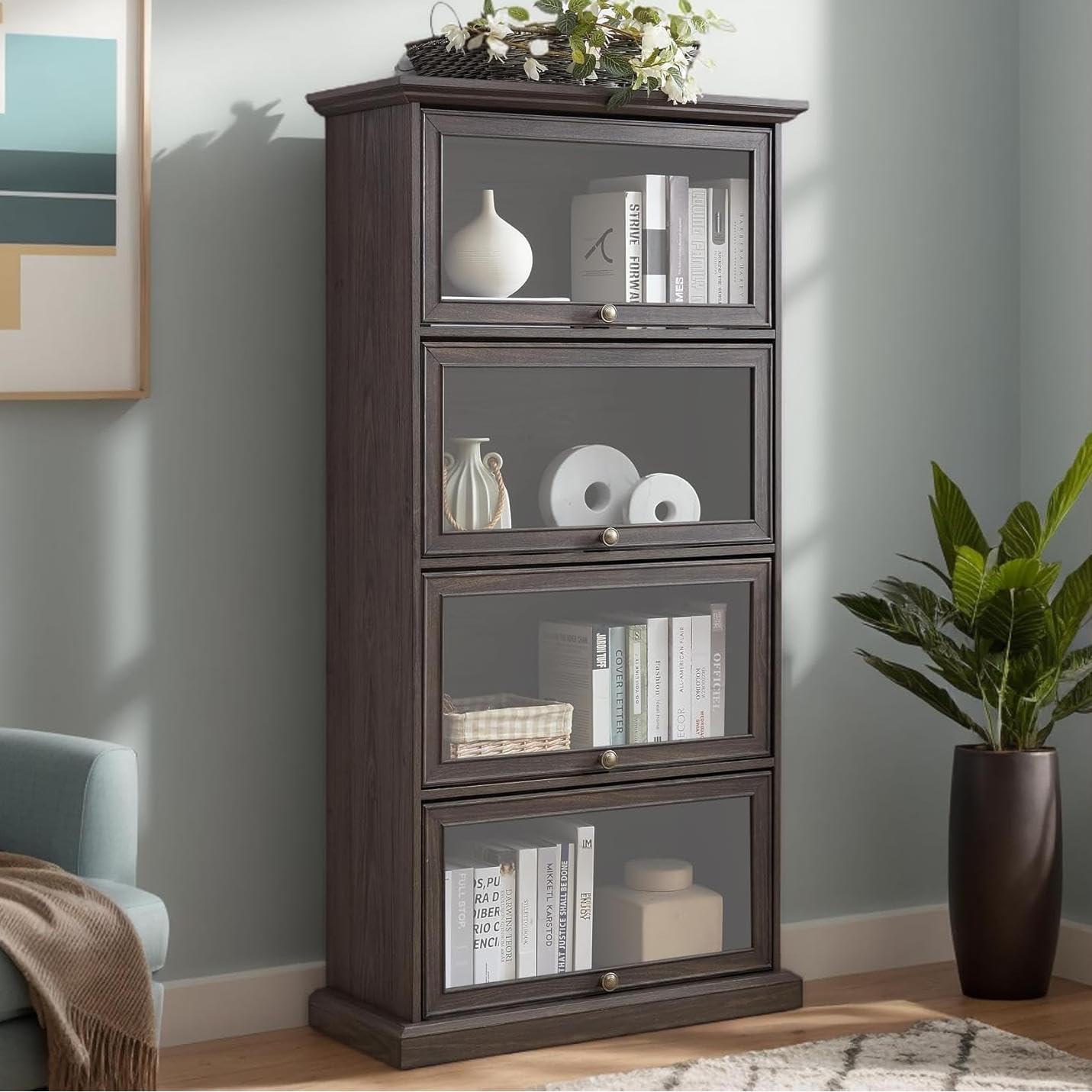 Tall Bookcase with Glass Doors, 63' H Farmhouse Glass Curio Display Cabinet with Flip up Doors, Elegant Storage Cabinet with 4-Tier Shelves, Rack for Living Room (Brown)
