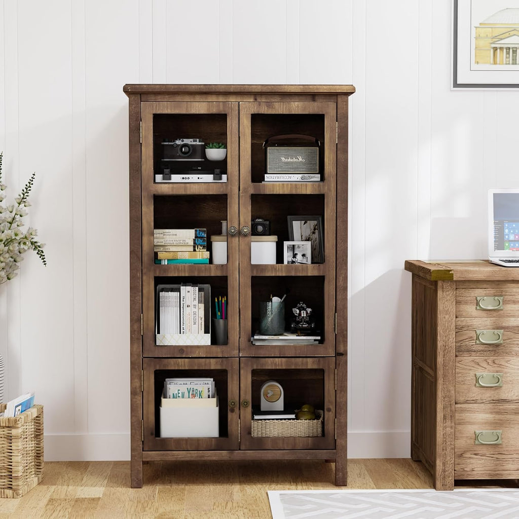 VINGLI Rustic Storage Cabinet with Glass Doors & Shelves, Showcase Display Cabinet with Cedar Wood Finish, Walnut