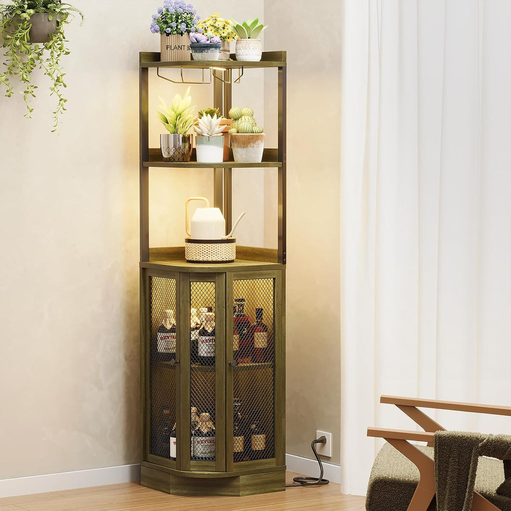 EOYUTLLY Corner Bar Cabinet with with Power Outlet and LED Strip, 65' H 5-Tier Corner Liquor Wine Display Cabinet for Home, Bar and Storage Solution, for Living Room, Kitchen, Home Bar, Gray
