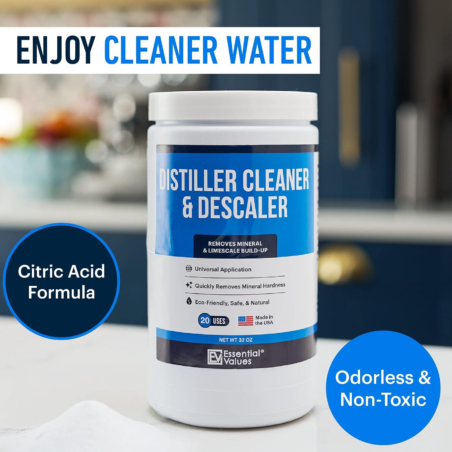 Essential Values Universal Descaler - Espresso Descaling Solution - Coffee Machine Cleaner - Critic Acid Tea Kettle Urn Water Distiller Cleaner - Manufactured in USA - 8 Pack