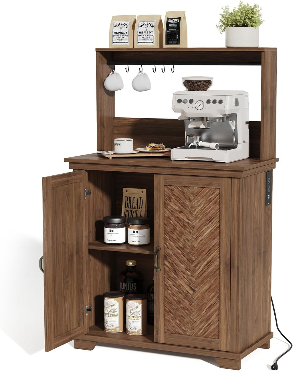 JOINICE Farmhouse Coffee Bar Cabinet with Storage,31.5' Kitchen Cabinet with Hooks and Charging Station,Coffee Station with Adjustable Shelf and Hutch,Sideboard for Living Dining Room